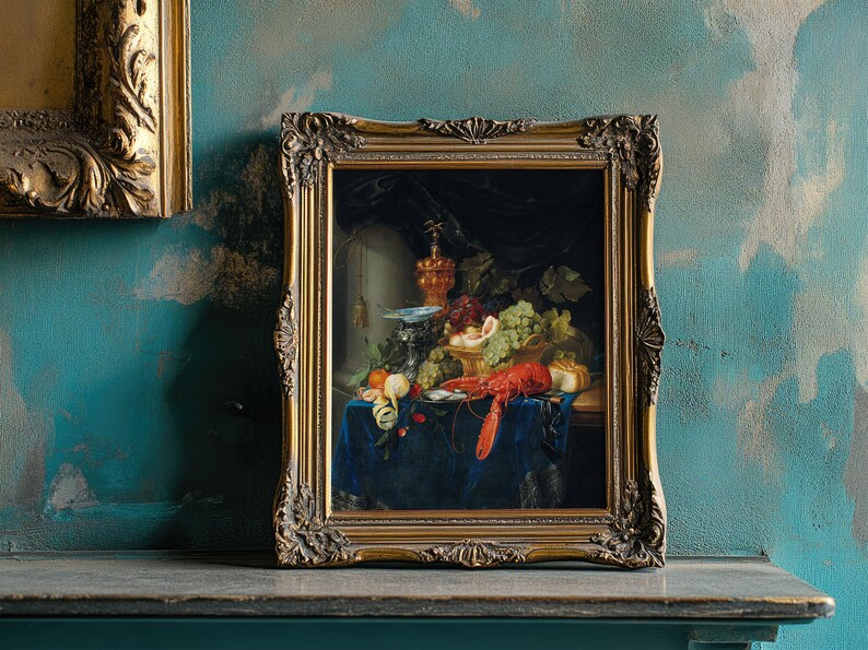 Framed still life painting depicting a classic arrangement of fruits, flowers, and lobster on a blue tablecloth, set against a distressed teal wall.