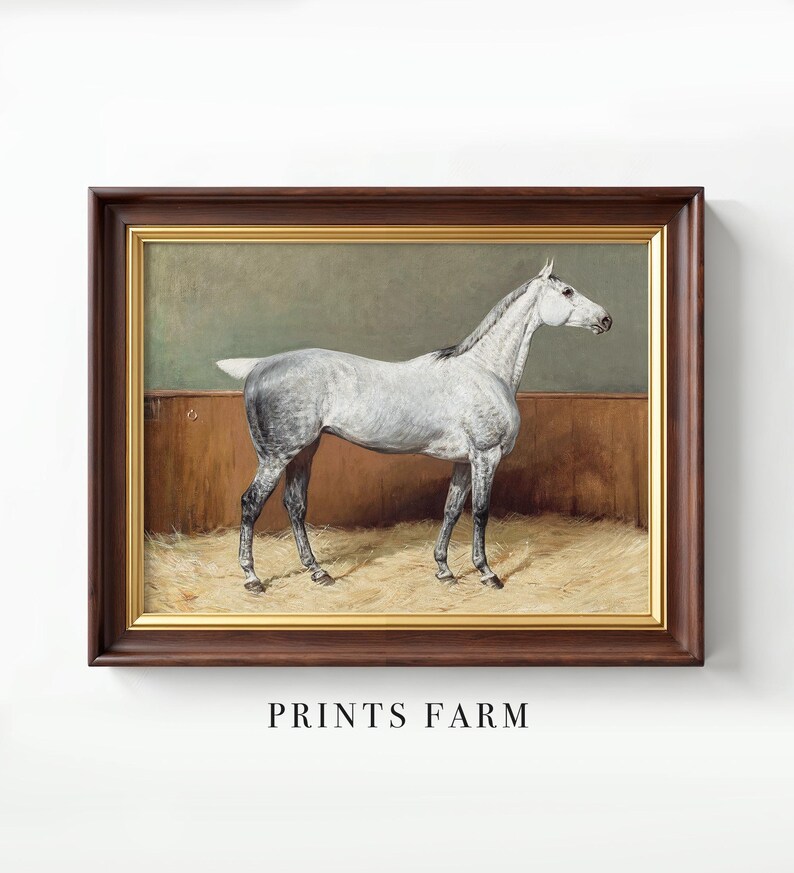 Framed painting of a white horse standing in profile on a farm, set against a brown and green background. Text below reads "PRINTS FARM."