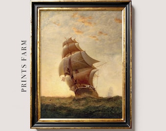 Vintage Sailing Ship Print, Seascape Painting, Nautical Decor / P673