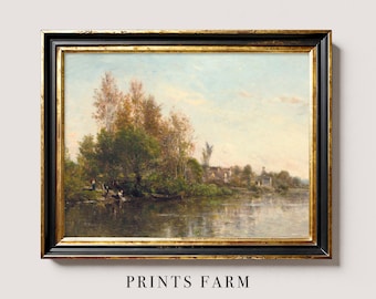 River Landscape Art Print, Countryside Painting, Farmhouse Decor / P55