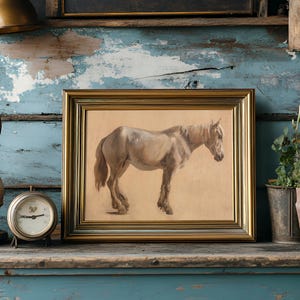 A framed painting of a brown horse stands on a rustic shelf, flanked by an antique lamp, clock, and potted plants against weathered blue wood.