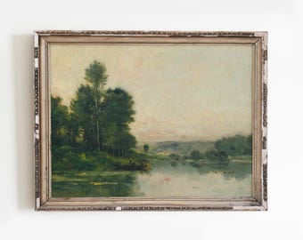 Vintage River Landscape, Country Cottage Painting, Farmhouse Wall Decor / P146