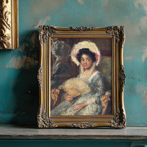 A framed painting of a woman in a bonnet holding a fan, set against a textured teal wall. The ornate gold frame adds elegance and a vintage feel.