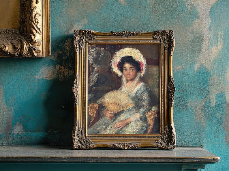A framed painting of a woman in a bonnet holding a fan, set against a textured teal wall. The ornate gold frame adds elegance and a vintage feel.