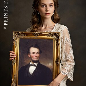 A woman in a lace dress holds an ornate, gold-framed portrait of a man in a suit. The background is dark, enhancing the image's vintage feel.