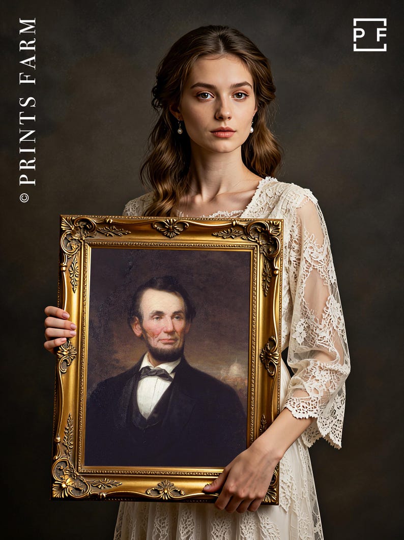 A woman in a lace dress holds an ornate, gold-framed portrait of a man in a suit. The background is dark, enhancing the image's vintage feel.