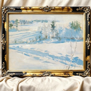 Framed painting of a serene winter landscape, showcasing snow-covered fields and distant trees. The ornate black and gold frame adds elegance.