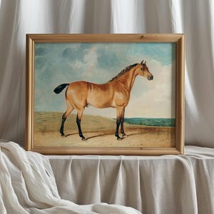Framed painting of a majestic brown horse standing on a plain with a cloudy sky backdrop, set against soft white fabric, exudes elegance and calm.