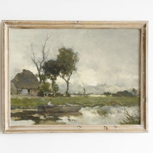River Landscape, Countryside Painting, Riverside Landscape, Cottage Decor, Vintage Art / P298