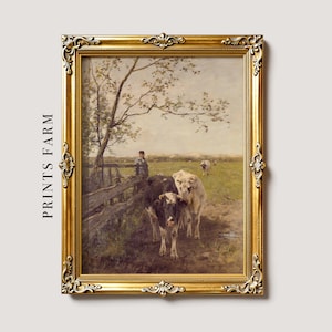 Pintura de vaca, impresión de paisaje campestre, arte de pared de granja / P119