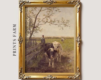 Cow Painting, Country Landscape Print, Farmhouse Wall Art / P119