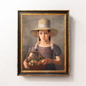 Girl with Apples Portrait, Young Girl Painting, Vintage Portrait, Kitchen Decor, Canvas Print / P858