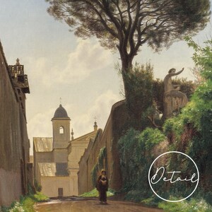 A painting depicting a narrow street in a European city. The street is lined with tall buildings, including a church with a bell tower. A lone figure walks down the street, and a tree with lush foliage grows on a wall to the right.
