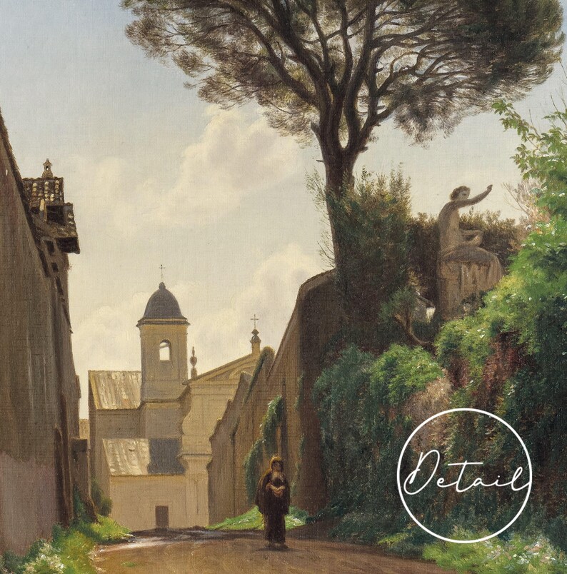 A painting depicting a narrow street in a European city. The street is lined with tall buildings, including a church with a bell tower. A lone figure walks down the street, and a tree with lush foliage grows on a wall to the right.