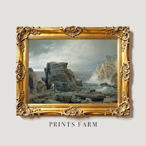 A dramatic seascape artwork of rocky cliffs and ocean waves in a detailed gold frame. The scene evokes a sense of rugged, natural beauty. Text below reads "PRINTS FARM."