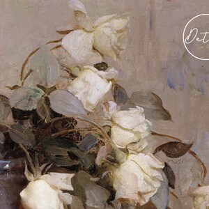 A painting of white roses with green leaves against a light brown background. The word "Detail" is written in white on a circle in the upper right corner of the painting.