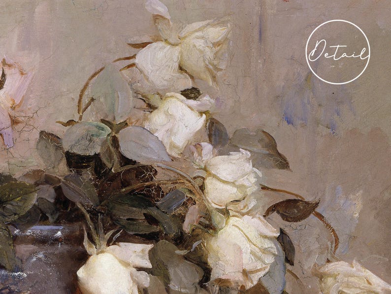 A painting of white roses with green leaves against a light brown background. The word "Detail" is written in white on a circle in the upper right corner of the painting.