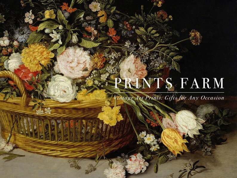 A wicker basket overflows with assorted vibrant flowers against a dark background. Text reads "Prints Farm: Vintage Art Prints; Gifts for Any Occasion."