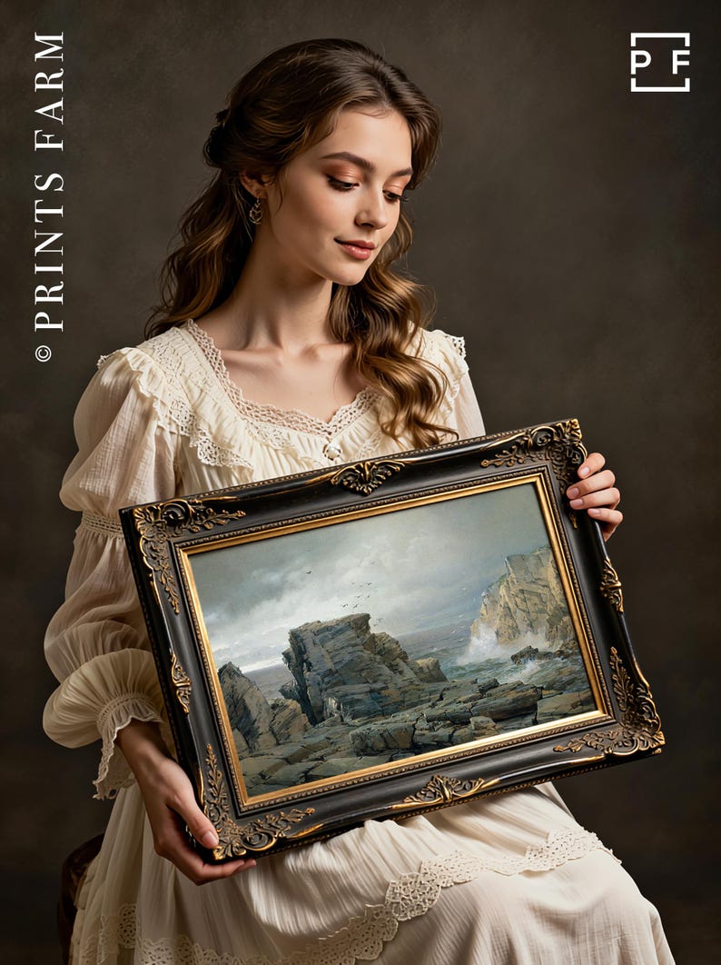 A woman in a vintage white dress holds a framed seascape painting. The scene depicts rocky cliffs and waves. The atmosphere is calm and elegant.