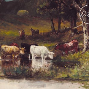 A painting of a rural landscape with a stream in the foreground. Five cows are depicted in the scene, including a white cow, a black cow, and a brown cow. The cows are standing in the stream and on the grassy bank. The background features a forest with trees and a hill.