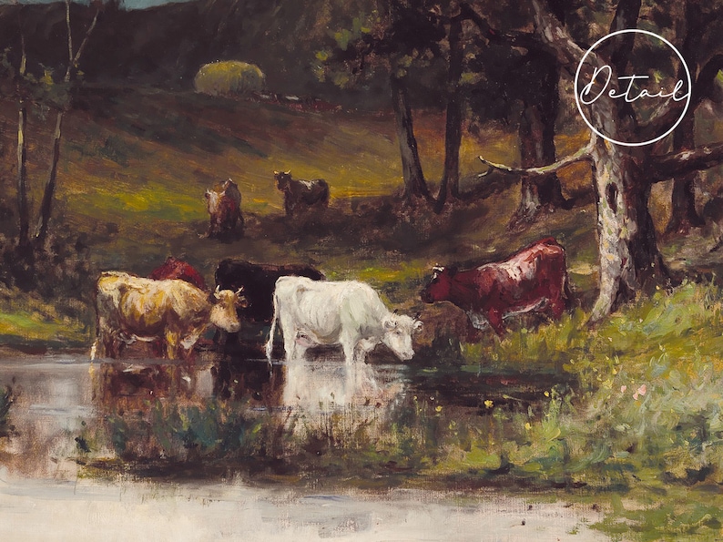 A painting of a rural landscape with a stream in the foreground. Five cows are depicted in the scene, including a white cow, a black cow, and a brown cow. The cows are standing in the stream and on the grassy bank. The background features a forest with trees and a hill.