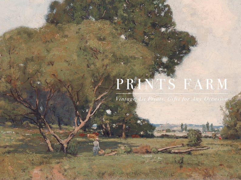 A vintage-style painting of a farm scene with large, leafy trees, a person working near the trees, and a vast landscape in the background. The image has a textured, painterly quality and is overlaid with the text "PRINTS FARM" and "Vintage Art Prints, Gifts for Any Occasion."