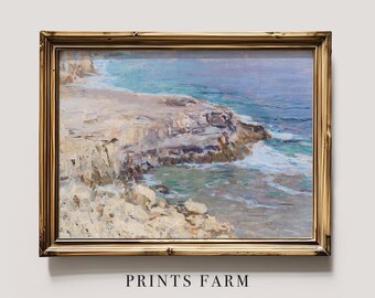 Antique Coastal Painting, Seascape Art Print, Beach House Decor / P578