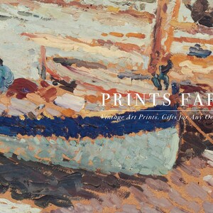 Impressionist painting of a boat on a calm sea with a figure in blue. Text overlay reads "Prints Farm: Vintage Art Prints, Gifts for Any Occasion."