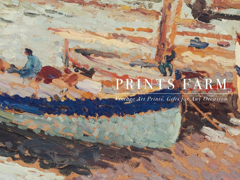 Impressionist painting of a boat on a calm sea with a figure in blue. Text overlay reads "Prints Farm: Vintage Art Prints, Gifts for Any Occasion."