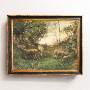 Sheep Painting, Countryside Meadow, Sheep Art, Farmhouse Art, Landscape Painting, Farmhouse Decor / P754