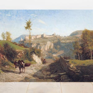 A tranquil landscape painting shows a rocky path with two donkeys carrying loads. Lush greenery lines the path, leading to distant hills under a bright blue sky.