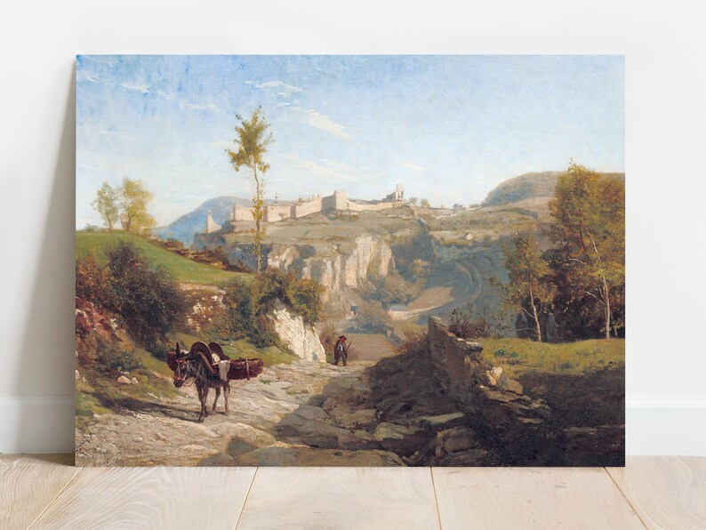 A tranquil landscape painting shows a rocky path with two donkeys carrying loads. Lush greenery lines the path, leading to distant hills under a bright blue sky.