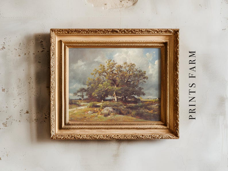 Framed landscape painting on a textured wall, depicting a large tree under a cloudy sky. Text "PRINTS FARM" is vertically aligned beside the frame.