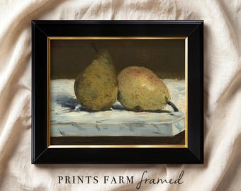 Framed Pears Print, Vintage Still Life Painting, Rustic Kitchen Decor / F9