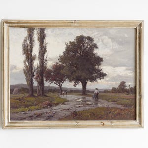 Country Painting, Vintage Landscape, Country Art, Landscape Print, Meadow Painting, Farmhouse Decor / P615