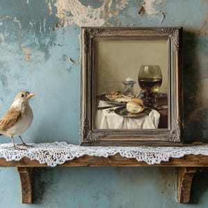A small bird perches on a lace-covered shelf beside a framed still life painting of a meal with wine, set against a textured blue wall.