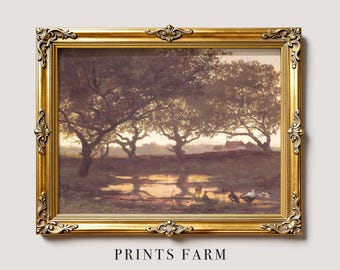 Farmhouse Painting, Vintage Ducks Print, Cottagecore Art / P202