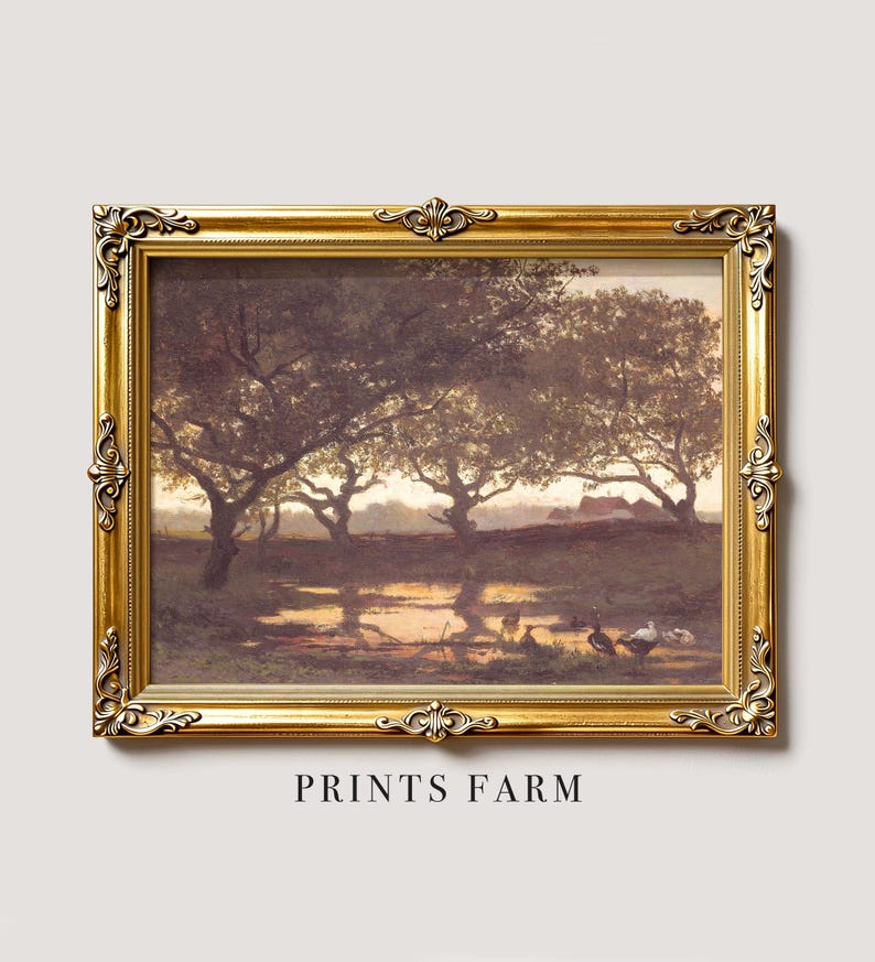 Framed painting of a serene farm landscape at sunset. Trees cast long shadows over a pond while ducks gather at the water's edge. Peaceful and rustic ambiance.