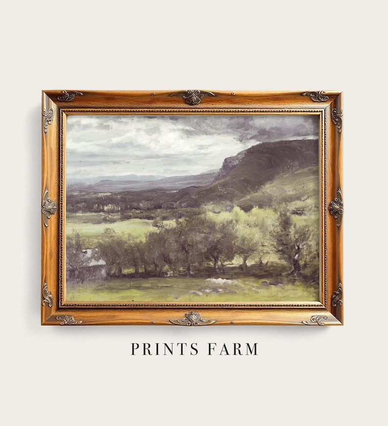 Framed landscape painting of a farm. Features rolling hills, cloudy sky, and lush green fields. The scene evokes a calm, serene atmosphere.