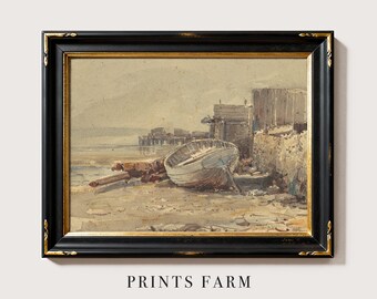 Fishing Boat Print, Vintage Seaside Painting, Coastal Decor / P195