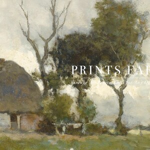 Rustic landscape with a thatched-roof cottage, bare trees, and muted sky, evoking nostalgia and tranquility. Text overlays the scene: "Prints Farm."