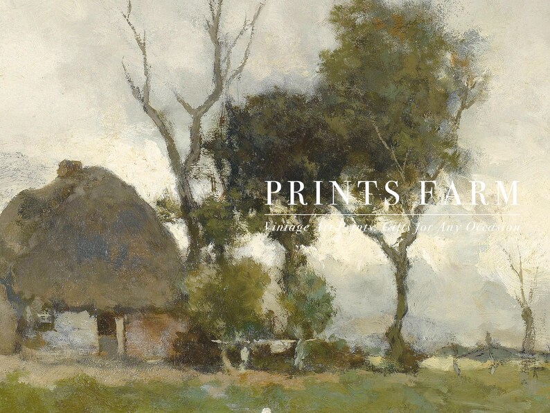 Rustic landscape with a thatched-roof cottage, bare trees, and muted sky, evoking nostalgia and tranquility. Text overlays the scene: "Prints Farm."