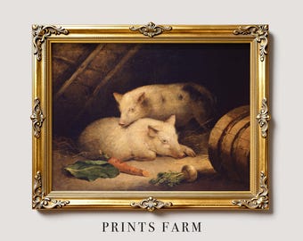 Pig Art Print, Vintage Piglet Painting, Farmhouse Decor / P901