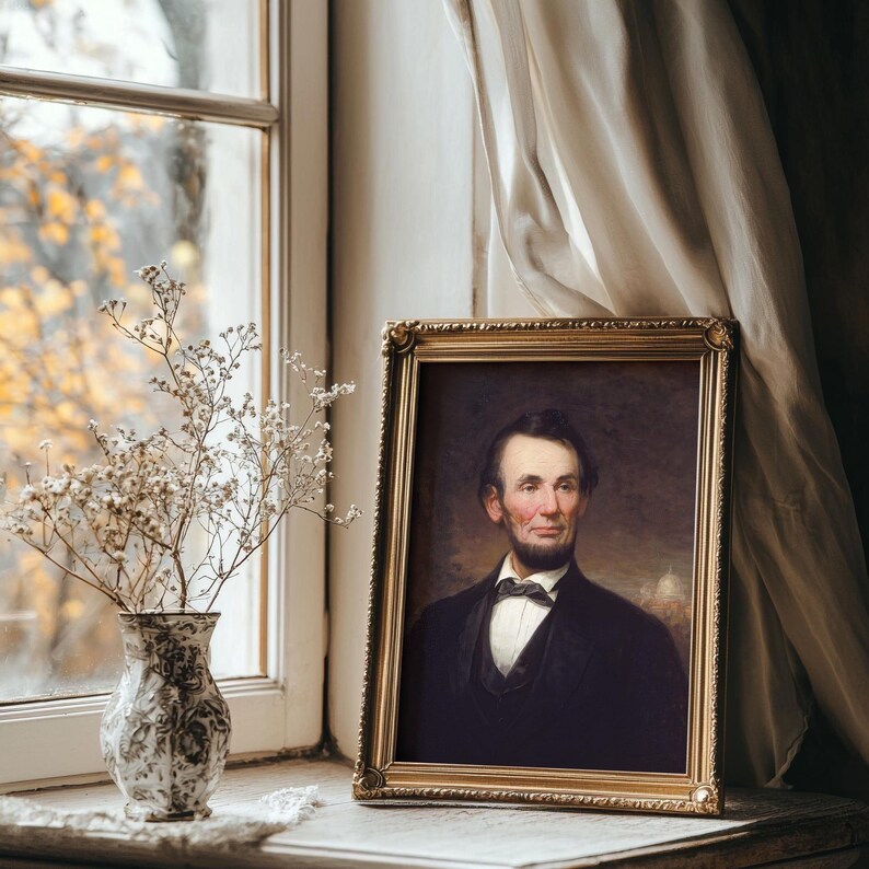 Framed portrait of a man in a suit sits on a windowsill beside a vase of dried flowers. Soft light filters through a window and sheer curtain.