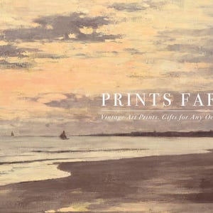 Sunset seascape painting with calm waters and a sandy beach. Soft pastel skies create a serene mood. Overlaid text reads “Prints Farm.”