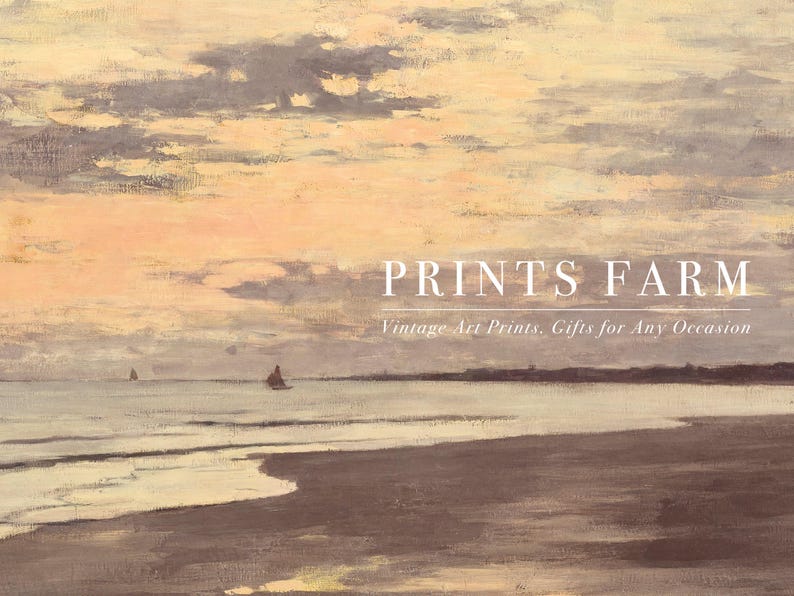 Sunset seascape painting with calm waters and a sandy beach. Soft pastel skies create a serene mood. Overlaid text reads “Prints Farm.”