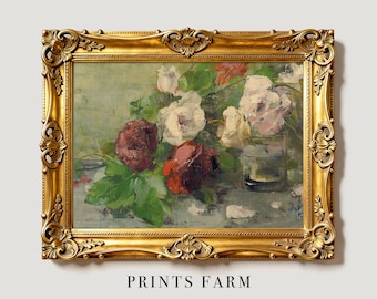 Vintage Roses Still Life, Floral Painting, Kitchen Decor Print / P677