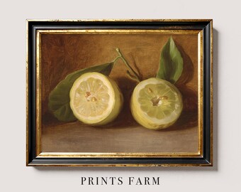 Lemon Still Life Oil Painting, Rustic Kitchen Wall Art