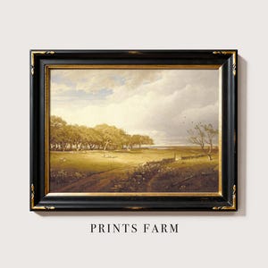 Framed landscape painting depicting a serene farm scene with a dirt path, trees lining the horizon under a partly cloudy sky. Text below reads "Prints Farm."