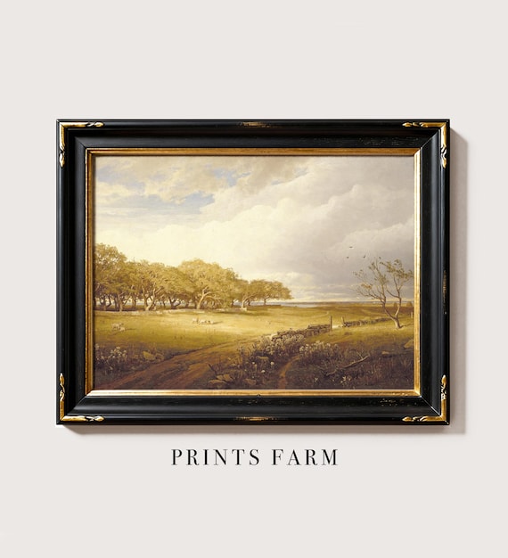 Meadow Landscape Print, Sheep Painting, Rustic Farmhouse Art / P416